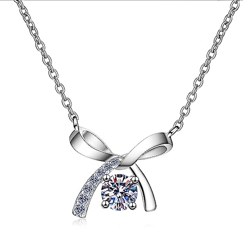 StarGems® Bowknot 0.5ct Moissanite 925 Silver Platinum Plated Necklace 40+5cm NX134