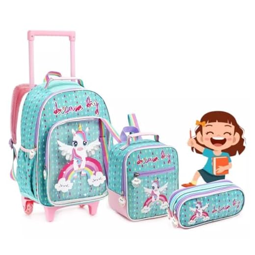 Kit Mochila Carrinho Estojo Lancheira DREAM BIG Unicórnio cor:Verde