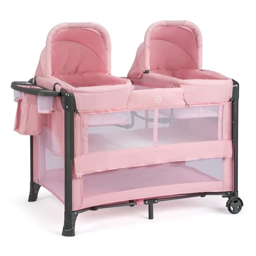 Image of JOYMOR Twin Bassinet for Baby, Pink Bedside Bassinet, Convertible to Bedside Sleeper and Playpen, with Wheel, Brake, Foldable Side Sleeper