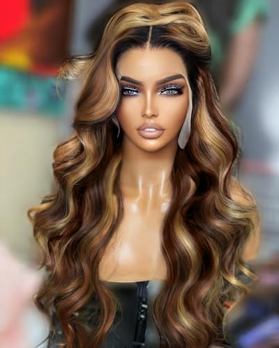 Sheshakewave Synthetic Lace Front Wig 13x6 HD Lace Wig Highlight Brown Mix Blonde Body Wave 100% Futura Premium Wigs For Women 28 Inch Pre Plucked Ready Wear Wig Friendly Daily Party Use