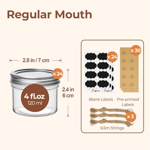 Image of ComSaf Small Regular Mouth Mason Jars Bulk 4oz 24PCS Mini Mason Containers, Small Canning Jars, 4 oz Glass Jar with Lids for Mustards, Dipping Sauces, Jelly, DIY Candle Decor, Wedding Shower Favors