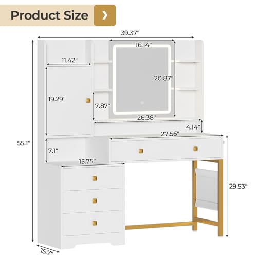 image for DICTAC Vanity Desk with Mirror and Lights & Power Outlets, Makeup Vani