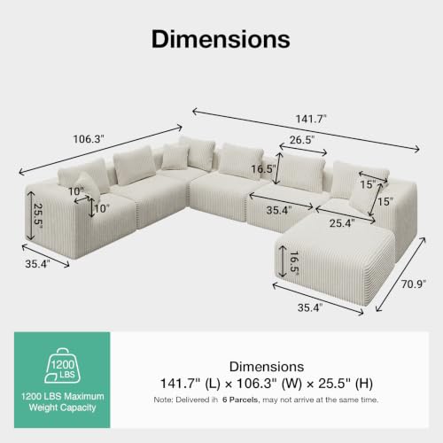 Image of Novilla 141 inch Modular Sectional Sofa, U Shape Sectional Couch, Modern Cloud Design with Smarts Coil Support, Boneless Couch for Large Living Room Apartment, No Assembly, Beige