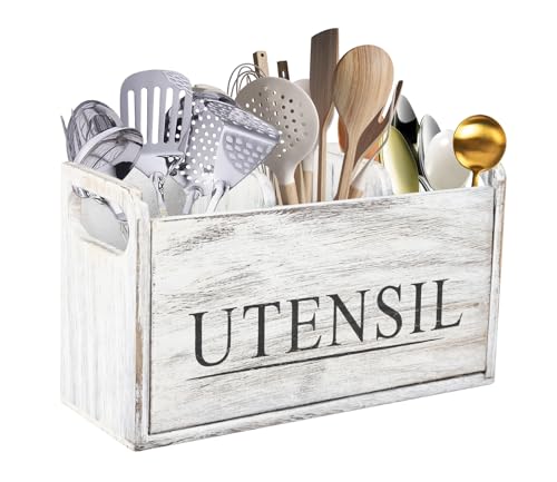 Gzsekken Kitchen Utensil Holder Rustic Utensils Holder Large 3 Compartments with Drainage Bottom Wooden Utensil Holder Cutlery Caddy Farmhouse Wooden Cooking Tools Storage for Countertop, White