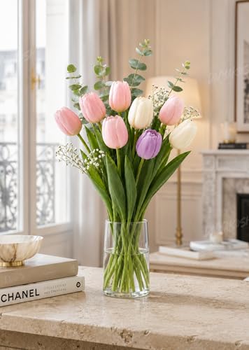 Image of Divyakosh Artificial Flowers for Vase (Vase Not Included) - Luxury Tulip Flower Bouquet with Eucalyptus & Baby's Breath, Faux Floral Arrangement for Home Decor, Living Room, Dining Table, Office