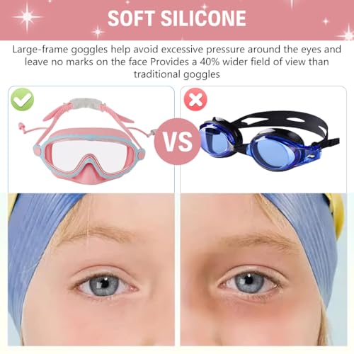 Image of PROBEROS Swimming Goggles for Kids, 2-in-1 Wide View Goggles Lenses with Anti-Choke Nose Cover & Intergrated Earplugs, Adjustable Headstrap No Pressure Swim Goggles for Children for 4-12 Years, Pink