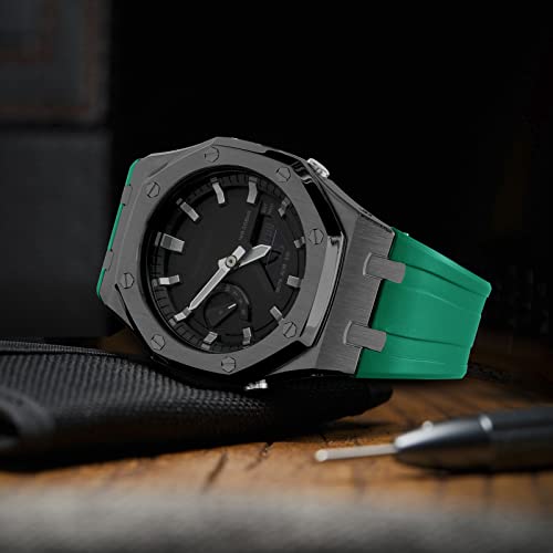 Image of GA2100 Stainless Steel Watch Case with Metal Watchband and Rubber Strap Mod Kit - Compatible with GA-2100 /GA-2110 /GA-B2100 Series - Watch Part Replacement