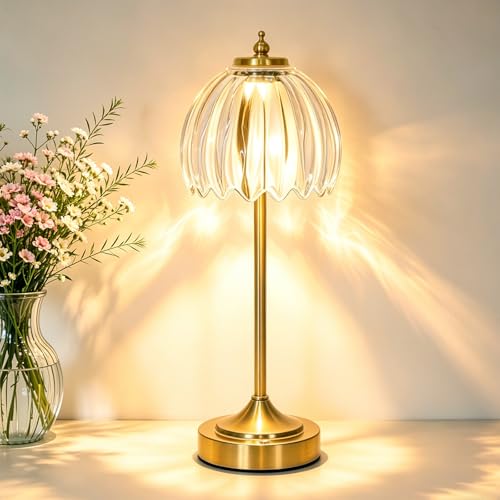 Lampe de chevet LED vintage à intensité variable, 3CCT, sans fil, avec abat-jour en verre tulipe rétro, batterie rechargeable par USB, contrôle tactile,...