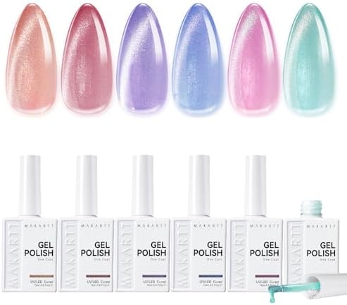 Makartt Cat Eye Gel Nail Polish Set: 6 Colors Shimmer Magnetic Gel Polish Kit 15ML One N'Done Holographic Green Pink Blue Purple Nail Polish Soak Off UV LED Nail Art Manicure Gift for Women