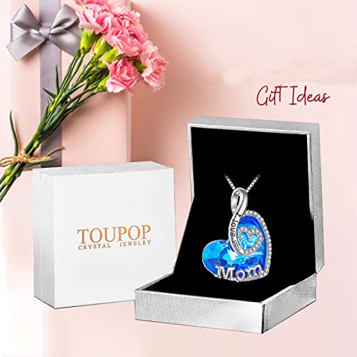 Toupop Birthday Gifts For Mom Sterling Silver I Love You Mom Necklace For Women With Blue Topaz Birthstone Pendant Heart Mother Necklace For Christmas Valentines Mothers Day Jewelry Gifts For Mom From Daughter Son #TOP2