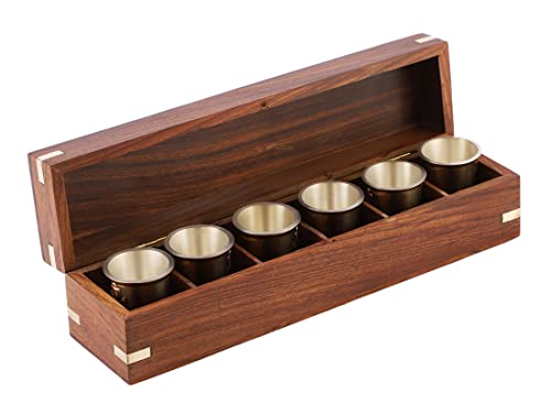 Bhartiya Handicrafts Vintage Medieval Brass Elegant Rum Shot Whiskey Cups Glasses With Copper Anchor | Inside Silver Coated (6 Pk, With Box) #TOP3