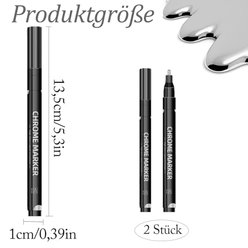 Altaroo 2 Stück Chrom Lack Marker, Lackstift Silber 2mm, Silberstift, Metallic Wasserfest Spiegel, Lackstift Silber Metallic für Auto, Modellmetall, Glas, Kunststoff