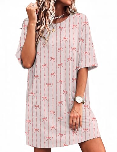 Image of Ekouaer Sleep Shirts for Women Nightgown Short Sleeves T shirt Night Dress Round Neck Womans Nightgown with Pocket S-XXL