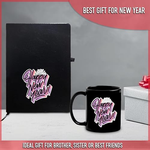 Image of SAVRI New Year Gift Hamper - Leather Diary and Black Patch Mug with Happy New Year Quote - Ideal Gifts for Employees, Corporate Use, Men, Women, Teachers, College, and School (Black)