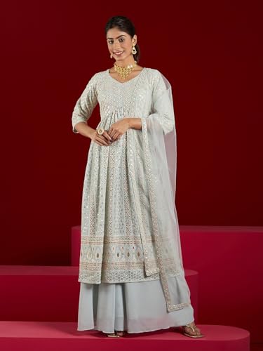 Image of Libas Art Womens Embroidered Georgette A Line Kurta With Palazzos and Dupatta | ethnic wear | bridal suit | wedding dress | occasion wear