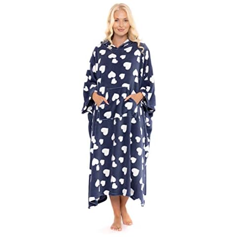 Suzy & Me Ladies Soft Luxury Fleece Hooded Oversized Lounger Poncho/Blanket. Pink / White or Grey / White Spot Design. Navy / Ivory Heart Design. One Size Fits All. (NAVY) Cover