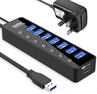 atolla Powered USB 3.0 Hub 20W, 7 Multi USB Data Ports Hub splitter with Individual On/Off Switches+1 USB Smart Charging port with 5V/4A Power Adapter USB Extension for MacBook, Mac Pro and More.
