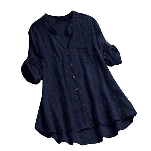 MOTOCO Mujers Top 3/4 Manga Larga Talla Extra Floral Encaje Enrejado Bordado Lino Vestido Holgado Suelto Camiseta Blusa(4XL,Navy-2)