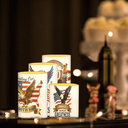 Image of American Flag Eagle Flickering Flameless Candles with Battery Powered LED Candles with Remote Timer Color Changing Control 4 Pcs Set 250 Years Celebration July 4th Independence Day Theme