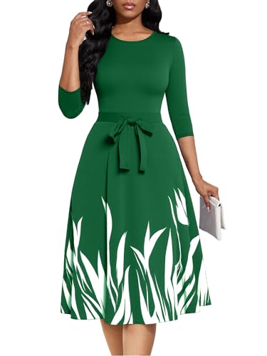 Image of Casual Dresses for Women Midi Church A-Line Fit and Flare Dress Crewneck 3 /4 Sleeve Party Dress