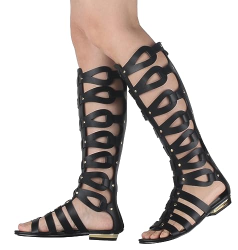 Image of Hanfike Knee High Sandals for Women Gladiator Cut Out Summer Roman Boots