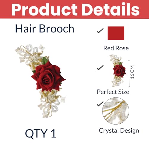 Image of TEMPERIA (1pc) Hair Accessories For Women's & Girls - Stylish Artificial Flowers & Crystal Pearls Bun Juda Bridal Brooch for Hairstyle & Decoration - Pins & Clips for Style of Bride (Red & White)