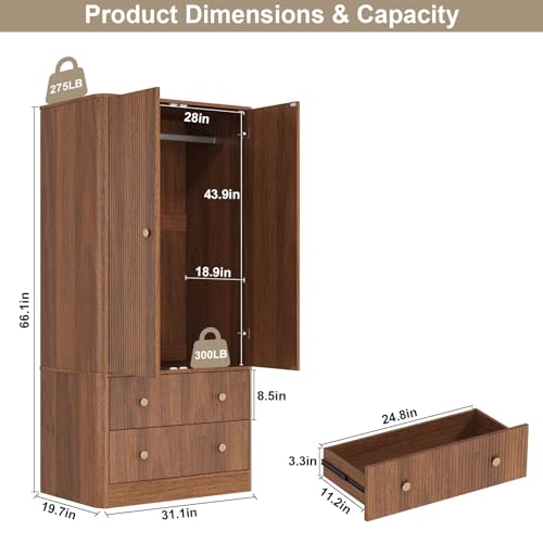 Armoire Wardrobe Closet with 2 Spacious Drawers, 66" Clothing Storage Organizer with Hanging Rod, Mid-Century Modern, Small Bedroom Friendly, Walnut Finish - Image 3