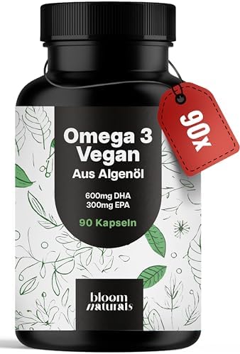 Omega 3 Kapseln hochdosiert Vegan – 90 Kapseln – 2000 mg Algenöl pro Tag | 600 mg DHA & 300 mg EPA – vegan, produziert in Deutschland, laborgeprüft