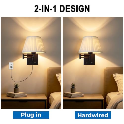 Image of Wall Lamps for Living Room Bedroom Reading Light, Bulb Included | Wall Sconce with USB C+A Charging Ports, Adjustable Swing Arm 270, Adjustable Color Temperature, White Fabric Cone lampshade