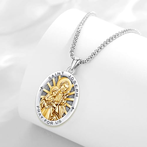 St Joseph Medal Necklace for Men Women San Jose 925 Sterling Silver 18K Gold Plated Patron Saint Joseph Catholic Amulet Pendant Religion Protection Jewelry Father's Day Graduation Gifts3