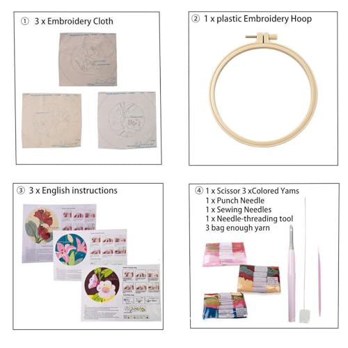 Kit débutants à broder complet avec 3 tissus fleuris et instructions - 7