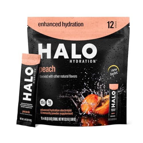 HALO Hydration – Electrolyte Drink Mix | Hydration Powder Packets | Peach Flavor– For Sports and Cycling | Easy Open Single Serving Stick | 12 Sticks