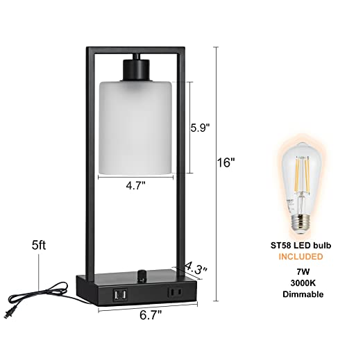 Suraielec Industrial Table Lamp Set Of 2, Dimmable Nightstand Lamp With 2 Usb Ports & Ac Outlet, Modern Table Lamps For Bedroom Living Room, Matte Black Finish, Frosted Glass Shade, Led Bulb Included #TOP6