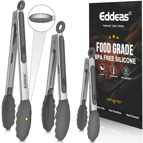 Kitchen Tongs with Silicone Tips - Heat Resistant 600 Degrees Stainless Steel Locking Cooking Tongs with Rubber Tips, Non-Stick Food Tongs for Cooking, Heavy Duty, Set of 3-7" 9" and 12" Grey