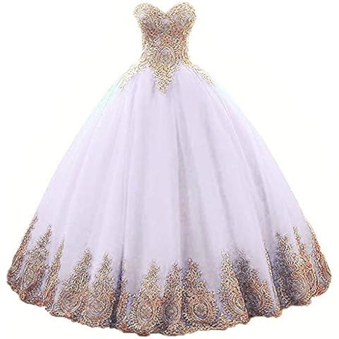 Vantexi Women's Sweetheart Gold Applique Quinceanera Dress Evening Prom Gowns Ivory Size 18 Cover