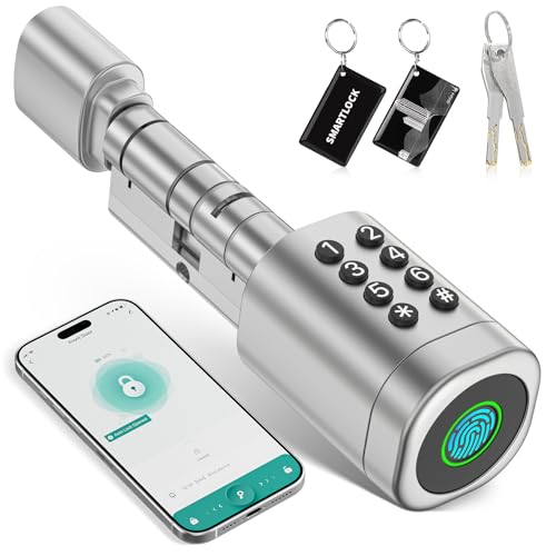 Ruveno Fechadura inteligente, fechadura eletrónica da porta de impressão digital, comprimento do cilindro ajustável para porta de 35 - 60 mm, acesso sem chave 5 em 1: impressão digital, chave, código,