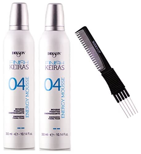 Dikson System FINISH KEIRAS 04 Energy Mousse, Energizing Fixing Foam for Hair Body (w/SLEEKSHOP Premium Carbon Teasing Comb) (10.14 oz (PACK OF 2))