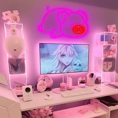 Image of Cute Pink Pig Neon Sign for Wall Decor, Neon Light for Bedroom LED Light Up Sign Creative Aesthetic Room Decor, USB Dimmable Backdrop Home Party Birthday Gift for Kids Boys Girls 15.7'' X 10.6''