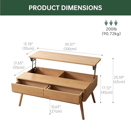 Image of Solid Oak Wood Lift Top Coffee Table for Living Room, Fully-Assembled