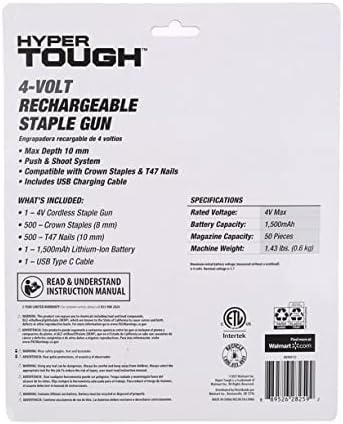 Hyper Tough 4-Volt Rechargable Staple Gun, Red/Black, L-2.56 x W-8.86 x H- 9.84 Inches (AQ90012J)