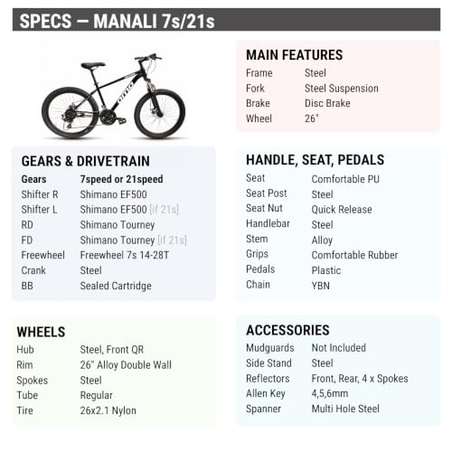 Image of Omobikes Manali Ace | Gear MTB Mountain Cycle | 21 Shimano Speed | Front Suspension | 26Inch Tire | Disc Brakes | Steel Frame | for 15+ Years Adults Unisex (Black)