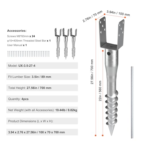 VEVOR No Dig Ground Anchor, 4 Pack 3.94 x 2.76 x 27.56 in DIY Screw in Post Stake, Includes 6 Lag Bolts & a Rebar, U-Shape Heavy Duty Steel Post Holder, Great for Mailbox Posts and Fence Posts by VEVOR - Image 7
