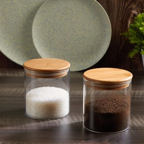 Image of 685ML Round Borosilicate Glass Jar With Wooden Lid Storage Container with Airtight Bamboo Lid Food Storage Containers For Coffee, Flour, Sugar, Candy, Spice Storage Jar (685ML JARS, 6 PCS)