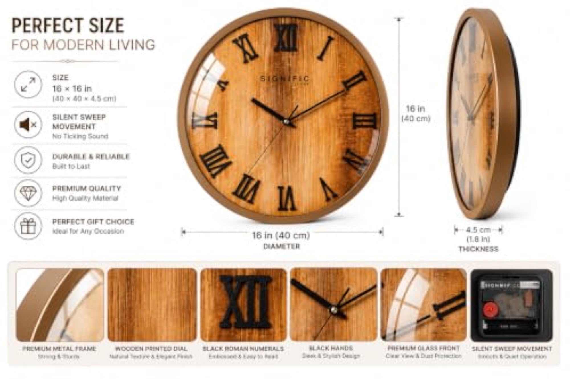 16-Inch Premium Wooden Wall Clock with Metal Frame