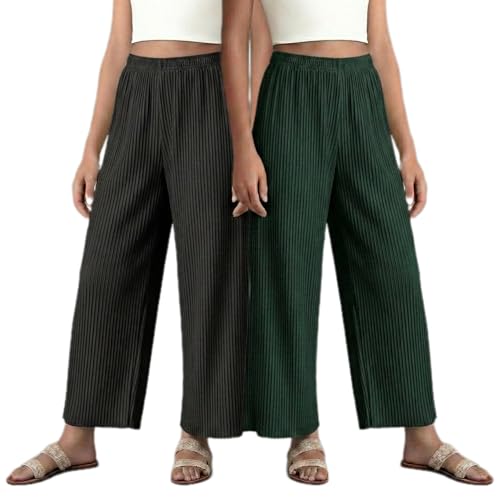 Image of Set of Combo Trouser and Pants for Girls and Women's Relaxed Fit Stretchable Regular Fit Palazzos Lightweight Elastic Waistband Bottoms for Daliy Office & Casual Wear