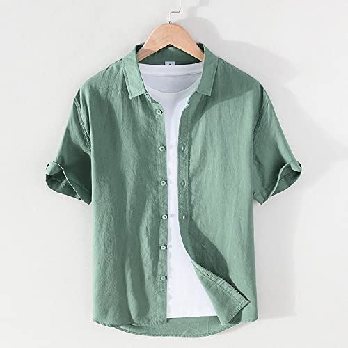 Chemises pour Hommes à Manches Courtes H3TF5J en Coton Lin Vert Vintage