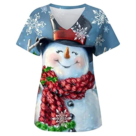 Snakell Women Christmas Scrub Top Nurses Tunic Uniforms Printed Short Sleeve Working Uniforms Holiday Xmas Blouse Workwear Scrub (Blue-b, L) Cover