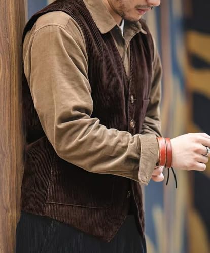 Retro Mens Corduroy Suit Vest Slim Fit V Neck 5 Buttons Vintage Casual Waistcoat for Prom Business Formal3
