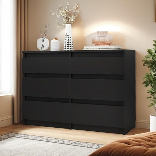 YITAHOME Kommode, 6 Schubladen Schlafzimmerschrank, modernes Möbel 100x30x70cm, stabil & sicher, aus Holz, mit Laufschienen, Schwarz