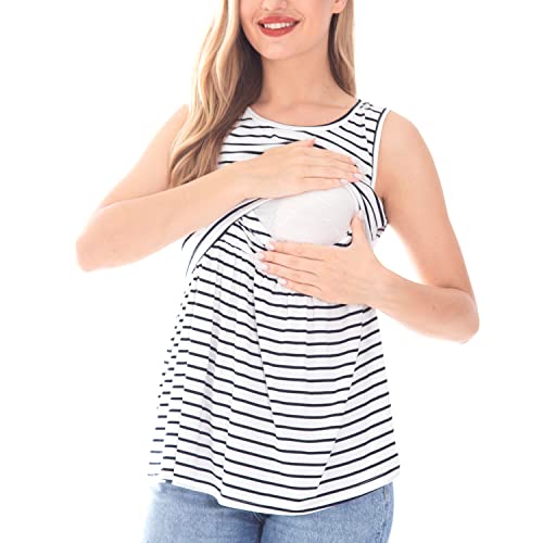 Bearsland Women's Maternity Nursing Tank Tops Sleeveless Scoop Neck Breastfeeding Shirt Pregnancy Clothes,Black&White Stripe&White Flower,M #TOP4
